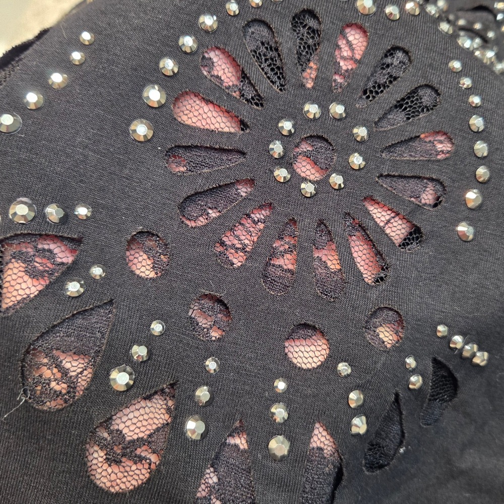 Vocal USA Black Rhinestone Laser Cut Lace Hem Tunic Mini Dress M  Y2K Edgy - Picture 11 of 11